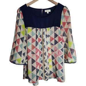 Umgee Blouse Women's Small Geometric Triangle Print Sheer Top‎